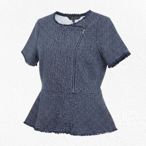 BCBGMaxazria Navy White Zip-Up Short Sleeve Fringe Womens Sweater Size Small